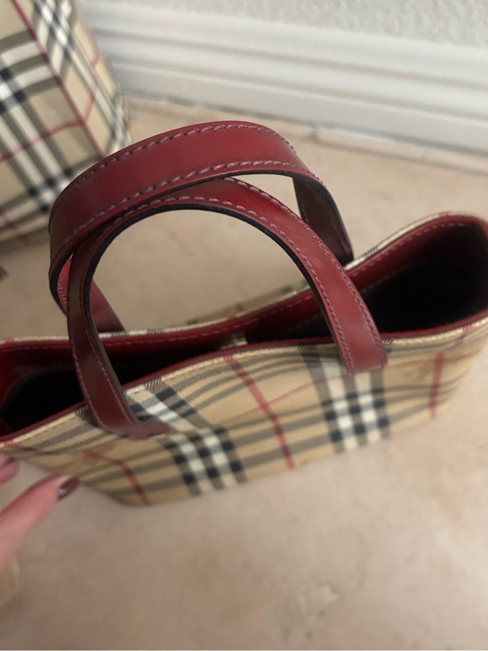 Burberry Vintage Nova Check Cadogan 2 Tote Bag Burgundy Leather Trim PRISTINE - Picture 6 of 9